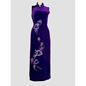 Bungandy Velvet Embroidered Qipao Dress – Elegant Slim Fit Chinese Cheongsam XS
